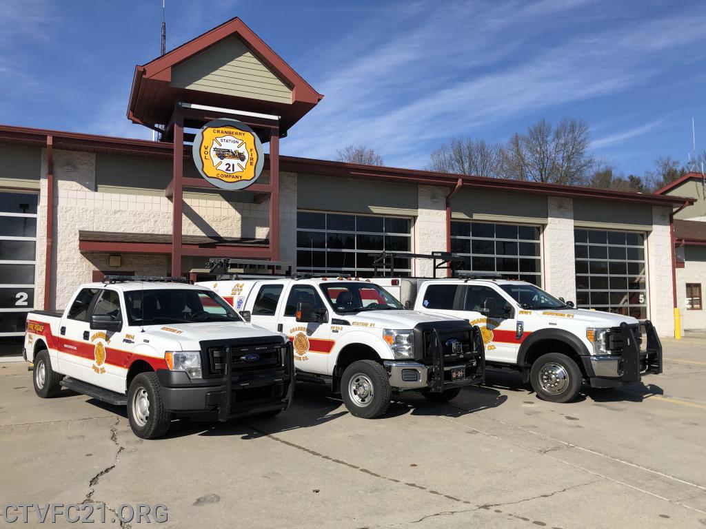 <b>Fire Police 21-3</b> - <i>2013 Ford F150</i><br />
<b>Fire Police 21-2</b> - <i>2012 Ford F250 Super Duty</i><br />
<b>Fire Police 21</b> - <i>2017 Ford F550</i><br>